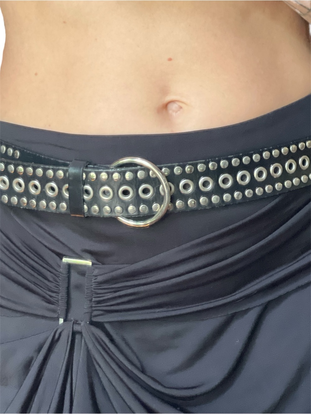 Chico’s 100% LeatherStudded Black Grommet Belt with Silver O-Ring Buckle